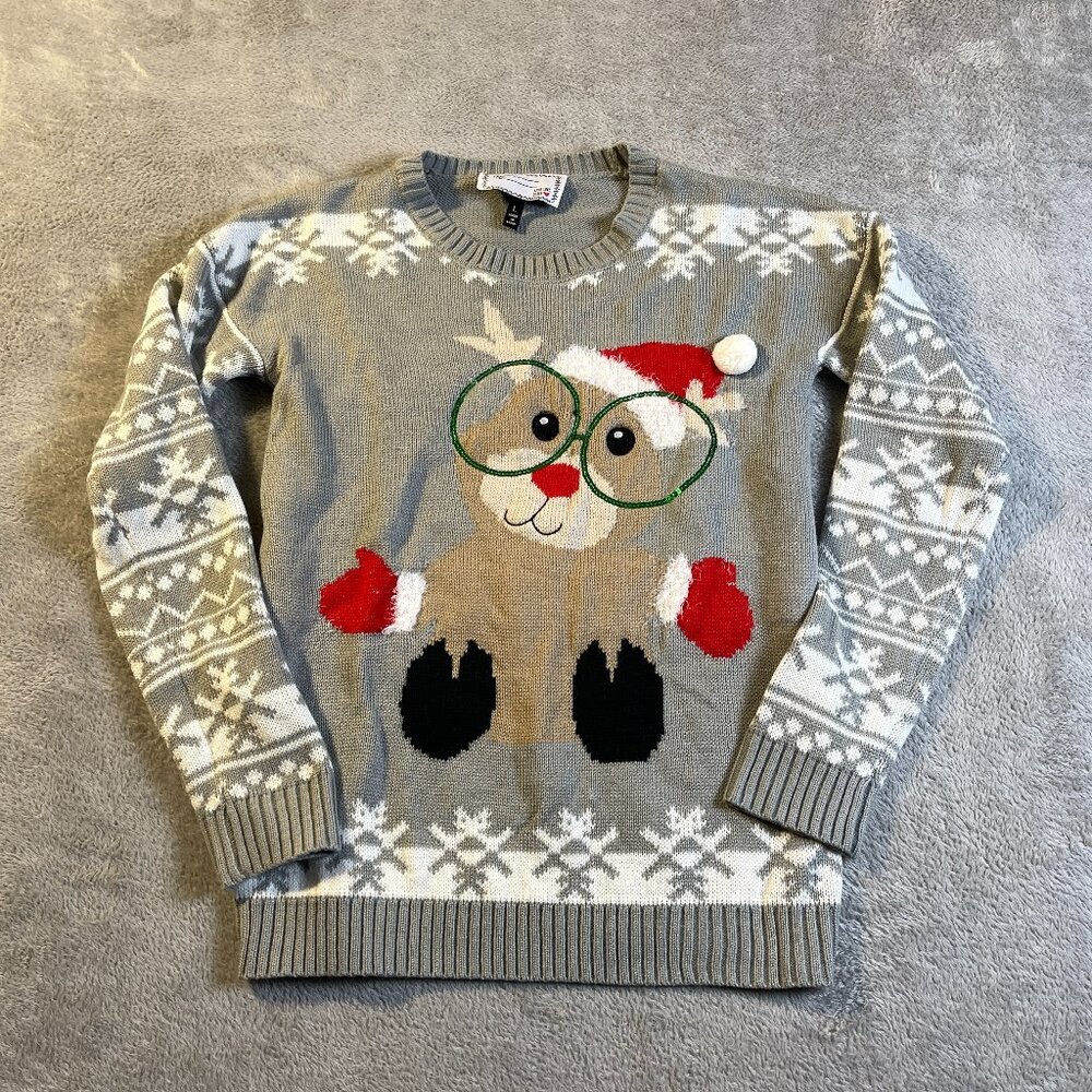 Derek Heart Womens Christmas Ugly Sweater‎ Pullover Snowflakes L Gray Ribbed